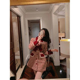 Gorunrun-hoco dresses -hoco dresses -Vintage Tweed Mini Dress Women Houndstooth Bow A Line Dresses Sweet Korean Elegant Party Red Plaid Patchwork Bodycon Vestidos