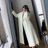 GORUNRUN-Elegant Midi Wool Blends Coat Women Korean Thicken Long Bandage Jackets Oversized Lace Up Outwear White Cardigan Woolen Overcoat