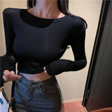 GORUNRUN-Sexy Backless T Shirts Women Y2K Streetwear Bandage Crop Tops Aesthetic Harajuku Korean Fashion Black Long Sleeve Slim Tees New