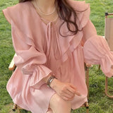 GORUNRUN-Elegant Ruffles Pink Shirts Women Korean White Flare Long Sleeve Blouses Fashion Fairycore Sweet V Neck Casual Tops Summer New