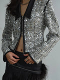 Gorunrun- White Sequins Shining Leather Short Jacket New Lapel Long Sleeve Women Coat Fashion Tide Spring Autumn