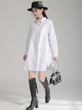 Gorunrun- Women White Black Side Flower Big Size Long Blouse New Lapel Long Sleeve Shirt Fashion Tide Spring Autumn