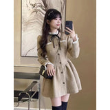 Gorunrun-hoco dresses -hoco dresses -Vintage Sweet A Line Mini Dress Women Preppy Bow Ruffles One Piece Dresses Korean Elegant Single Breasted Slim Vestidos Autumn