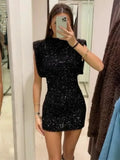 Gorunrun-hoco dresses -hoco dresses  Sequin Fashion Sleeveless Mini Dress For Women Black Slim Patchwork Glitter Elegant Party Dress Gown Women's Dress New