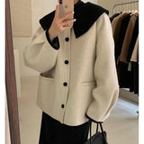 GORUNRUN-Elegant Wool Blends Coats Women Korean Cropped Woolen Overcoat Sweet Peter Pan Collar Short Jackets Streetwear Casual Outwear