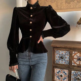 GORUNRUN-Vintage Black Velvet Shirts Women Lace Patchwork Pearl Button Blouses Korean Elegant Ruffles Lantern Long Sleeve Slim Crop Tops