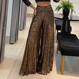 GORUNRUN-High Waist Elastic Waistband Straight Full Length Women Pants Club Night Sequins Loose Wide Leg Pants