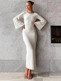 GORUNRUN Backless Ribbed Knit Maxi Dress Female High Waist Lace-Up Fashion Slim Party Dress  Autumn Bandage Knitwear Long Dress