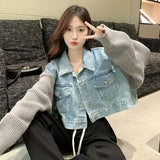 GORUNRUN-Streetwear Cropped Denim Jackets Women Knitted Patchwork Jeans Coat Y2K Harajuku Korean Sweater Splice Short Outwear Tops New