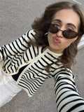 GORUNRUN Striped Knit Sweater Cardigan Coat Female Loose Long Sleeve Fashion Slim Patchwork Contrast Outwear Summer Knitwear Coat