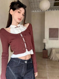 GORUNRUN-New Chinese Style Sweaters Elegant Tees Short Fake Two Piece Knitted Tops Tshirts Y2k Off Shoulder Women Patchwork Camisetas