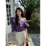 GORUNRUN-Elegant Ruffles Shirts Women Korean White Skew Collar Long Sleeve Blouses Office Ladies Fashion Sexy Off Shoulder All Match Tops