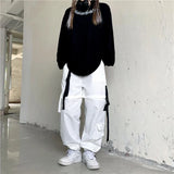 GORUNRUN Streetwear Women Drawstring Cargo Pants High Waist Spliced Hollow Out Wide Leg Trousers Harajuku Casual Removable Techwear