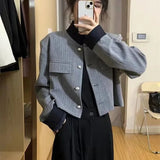 GORUNRUN-Vintage Tweed Jackets Women Patchwork Crop Short Coat Korean Elegant Single Breasted Blazer Casual All Match Outerwear Tops New