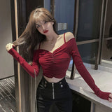 GORUNRUN-Slash Neck T-Shirts Women Sexy Lady New Design Solid Shirring All-match Summer Slim Cozy Ins Chic Korean Trendy