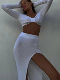 GORUNRUN Knitted Two Piece Dress Women Outfits Long Sleeve Crop Top and Midi Skirt High Split Out Dress Set Female Bodycon White