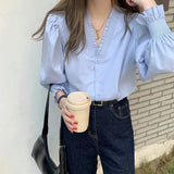 GORUNRUN-Elegant Blue Shirts Women V Neck White Puff Long Sleeve Blouses Streetwear Korean Fashion Casual All Match Tops Spring Autumn