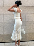 GORUNRUN White Printed Lace 2 Piece-Set Maxi Skirt Women's Fashion V-Neck Patchwork Fashion Elegant Outfits Ruffled Long Skirt Sets