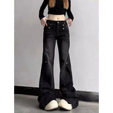 GORUNRUN-Y2K Style Black American Retro Micro Flared Holes Jeans for Women Spring and Summer High Street Slimming Low Waist Wide Leg Mop Pants