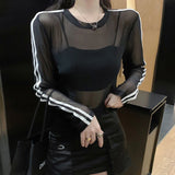 GORUNRUN-Y2K Sheer Sun-Proof Shirts Women Striped Long Sleeve T Shirts Streetwear See Through Mesh Blouses Korean Sun Protection Tops New