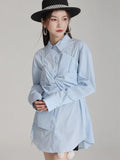 Gorunrun- Women Blue Big Bow Elegant Two Ways Wear Blouse New Lapel Long Sleeve Shirt Fashion Tide Spring Autumn