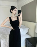 Gorunrun-Sexy Hollow Out Elegant Party Black Midi Dresses for Women 2024 Summer New Korean Square Collar Sleeveless Female Clothing Robe