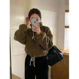 GORUNRUN-Cropped Lamb Wool Coat Women Streetwear Stand Zipper Short Jacket Winter Korean Solid Simple Warm Casual All Match Outerwear New