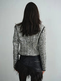 Gorunrun- White Sequins Shining Leather Short Jacket New Lapel Long Sleeve Women Coat Fashion Tide Spring Autumn