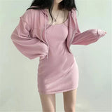 Gorunrun-hoco dresses -hoco dresses -Y2K Black 2 Piece Set Women Sexy Spaghetti Strap Slim Mini Dress Zipper Hoodie Cropped Sweatshirt Cardigan Suit Outwear Coat