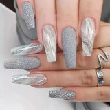 Gorunrun-Fall Nails DIY 24pcs Long Ballet False Nail Full Cover Fake Nail Grey White Marble Design Nails Tip French Coffin Nails Press On Nails