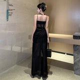 Gorunrun-Elegant Black Long Dresses for Women 2024 Summer New French Sexy Fashion Sleeveless Split Birthday Evening Party Female Clothing