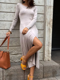 GORUNRUN Knit Off-Shoulder Slim Maxi Dress For Women Elegant Side Split Scoop Neck Knitwear Dress Outfits Long Sleeve Female Dress