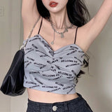 GORUNRUN-Vintage Letter Print Spaghetti Strap Camisole Korean Fashion Harajuku Crop Top Kawaii Girl Sexy Summer Sleeveless Mini Vest