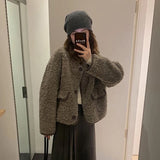 GORUNRUN-Vintage Lamb Wool Coat Women Korean Elegant Solid Cropped Jacket Streetwear O Neck Single Breasted All Match Chic Short Outwear