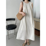 GORUNRUN-Texture Striped Tank Dress Women's Loose Sleeveless Long Dress