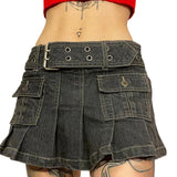 GORUNRUN-Women's Spring Summer Y2K Aesthetics Low Waist Mini Denim Skirt Solid Color Pleated Multi-pocket Skirt with Belt 2000s Club Wear