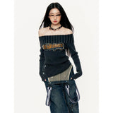 GORUNRUN-Y2K Slash Neck Sweater Women Vintage Letter Embroidery Jumpers Harajuku Streetwear Gothic Knitted Off Shoulder Slim Pullovers