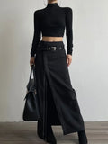 GORUNRUN- Sexy Zipper Split Out Black Skirt High Street Solid High Waist Long Skirts for Women Club Party Streetwear Fashion Trend