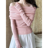 GORUNRUN-Lightweigth Off Shoulder Sweater Top Women Long Sleeve Knitted Shirt for Spring Pink Grey Beige Black Outfit