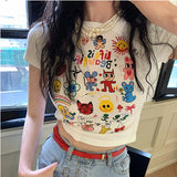 GORUNRUN-Korean Tshirts Short Sleeve Slim High Waist Kawaii Women Y2k Crop Tops Sexy Camisetas Cartoon Print Sweet Summer O-Neck Tees