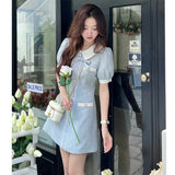 Gorunrun-hoco dresses -hoco dresses -Sweet Elegant Mini Dress Women Korean Bow One Pieces Dresses Office Lady Fashion Puff Short Sleeve A Line All Match Vestidos New