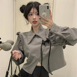 GORUNRUN-New Chinese Style Ruffles Turn Down Collar Irrgular Gray Jackets Long Sleeve Sweet Women Outerwear Y2k Short Coats Crop Tops