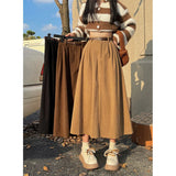 GORUNRUN-Vintage Belt Corduroy Midi Skirt Women High Waist Pleated A Line Skirts Autumn Winter Streetwear Korean Casual All Match Skirt