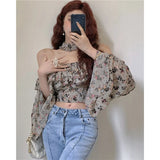 GORUNRUN-Vintage Cropped Slash Neck Shirts Women Elegant Floral Long Sleeve Chiffon Blouses Korean Sexy Off Shoulder Ruffles Crop Tops