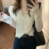 GORUNRUN-Sweet Shirts Women Sun Proof Lace Long Sleeve Slim Chic Blouses Korean Fashion V Neck Casual All Match Sunscreen Crop Tops New