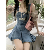 GORUNRUN-Denim Overall Dresses Women Summer Vintage Blue Elegant Y2k Folds Camisole Pleated Dress Mini Fashion Hotsweet Korean Vestidos