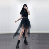 GORUNRUN Gothic Black Tulle Skirt Women Summer Fashion High Waist Streetwear Irregular Midi Skirts Chic Dark Series Punk Stitching Skirts