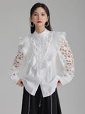 Gorunrun- Women White Hollow Out Embroidery Vintage Blouse New Stand Collar Long Sleeve Shirt Fashion Spring Autumn