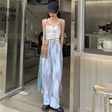 GORUNRUN-Y2K Tie Dye Tulle Midi Dress Women Streetwear Sheer Spaghetti Strap One Pieces Dresses Korean Harajuku Mesh See Through Vestidos