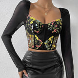 GORUNRUN-Embroidery Flower Corset Crop Tops Long Sleeves Camisole Black Lace Summer Streetwear Women Slim Sheer Tank Top Lingerie Bustier